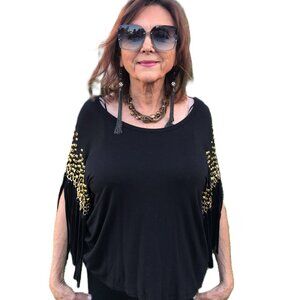 Michael Kors black top with gold color studs and 8 inch long fringes Size Large